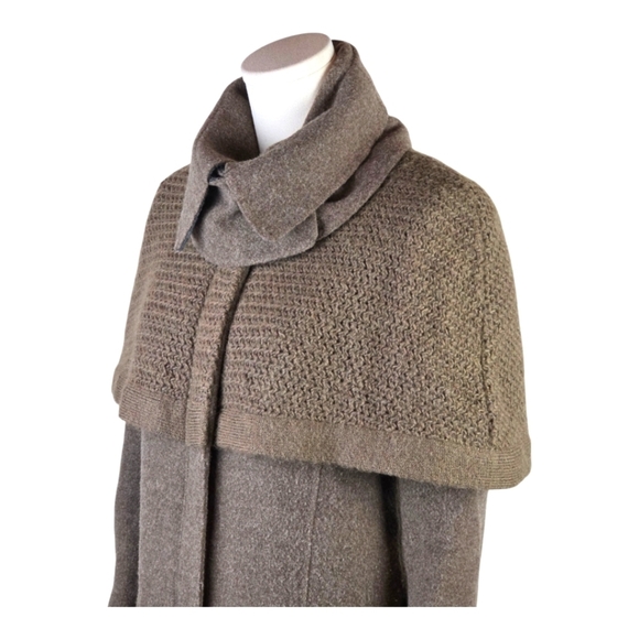 Hanii Y Wool Blend Cape Coat Brown Knit Overlay Funnel Collar Size 38 Small - Picture 2 of 12